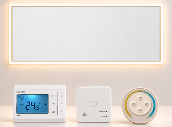 THERON Flat 1000W infraroodpaneel met warmwit LED-lichtkader, Optima draadloze thermostaat, TC05-ontvanger en afstandsbediening voor de verlichting.